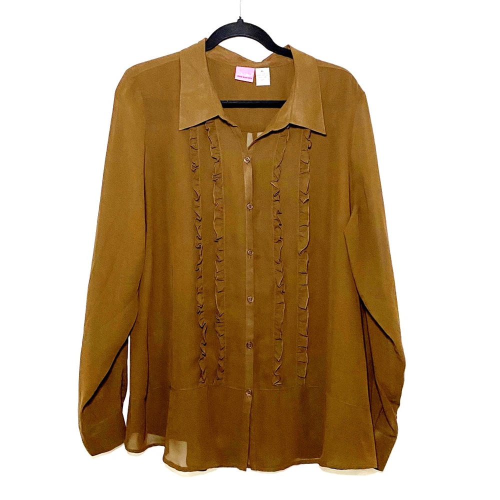Du Jour Sheer Brown Tuxedo Button Front Top XL